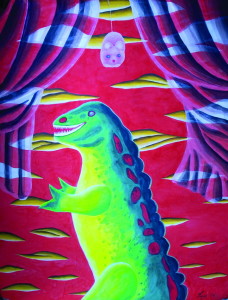 Suzana Dan_green dinosaurus in red  landscape_2004_100x70cm_mixed media_manual paper